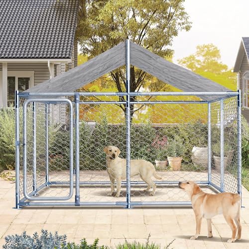 7.5ft×7.5ft Large Metal Dogs Kennels Outdoor,Waterproof Anti-Ultraviolet roof Cover Galvanized Steel Cage Fence Playpen with Lockable Door (90" D×90" W×63" H) - size: 90"D×90"W×63"H