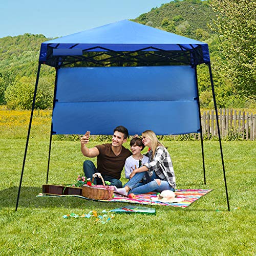 Tangkula 7x7 Ft Pop Up Canopy, Slant Leg Outdoor Tent with Carry Bag & 4 Stakes, Compact Portable Canopy Tent for Hiking Camping Fishing & Picnic, 7x7 Base, 6x6 top - color: Blue+Black, size: 7x7 Ft