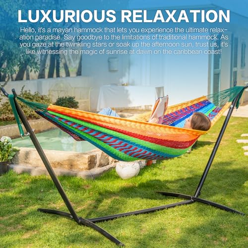 PNAEUT Double Hammocks with Stand for Outside, Portable Space Saving Heavy-Duty Steel Stand for Indoor Outdoor Patio (Mayan Rainbow) - color: Mayan Rainbow