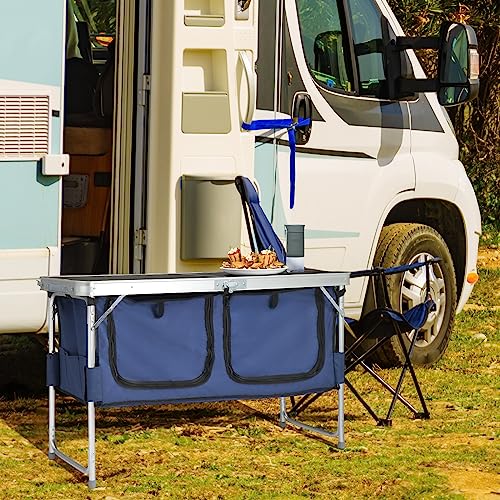 VINGLI 4 Ft Folding Table, Aluminum Camping Table, Picnic Table with Storage, Adjustable Height for Outdoor Beach BBQ Backyards Travel Party (Black ＆ Blue) - color: Black ＆ Blue