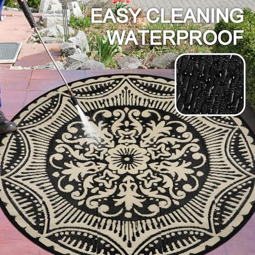 Capslpad 5x5 Floral Outdoor Rug for Patio Clearance Reversible Mat Round Portable Plastic Straw Carpet Waterproof Boho Indoor Outside Area Rugs for RV Camping Picnic Balcony Deck, Black and Brown - color: Black&brown, size: 5' (Round)