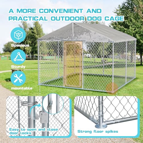 10ft×10ft Outdoor Large Dogs Kennels Enclosure - Outside Dog Cage with Waterproof roof Cover, Galvanized Steel Dogs House Fence Playpen with Lockable Door for Patio Backyard Farm Gardens - size: 118"D×118"W×83"H