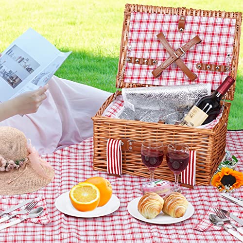 Wicker Picnic Basket for 2 with Large Insulated Cooler Compartment and Waterproof Picnic Blanket, Cutlery Service Kits, Wicker Picnic Hamper for Camping, Valentine Day,Thanks Giving,Birthday(Red) - color: Red Check