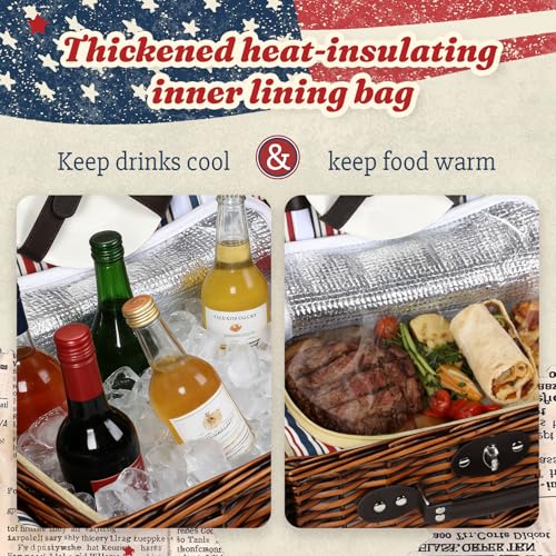 Wicker Picnic Basket for 2 with Waterproof Picnic Blanket and Insulated Bag Classic Red, White and Blue Stripes for Soccer Game, Camping, Travel, Birthday Gift, Wedding Gift - color: Retro Red White and Blue Stripes