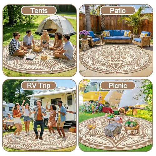 Capslpad 10x10 Floral Outdoor Rug for Patio Clearance Reversible Mat Round Portable Plastic Straw Carpet Waterproof Boho Indoor Outside Area Rugs for RV Camping Picnic Balcony Beach Deck, Light Beige - color: Light Beige, size: 10' (Round)