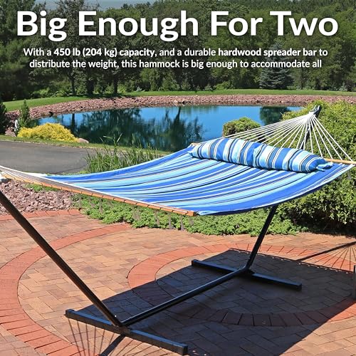 Sunnydaze Quilted Double Hammock for Outside with Spreader Bars and Pillow - 450 lb Capacity, 74x55 Inch Bed, UV Resistant, Quick Dry - Chains Included, Stand Sold Separately - Misty Beach - color: Misty Beach