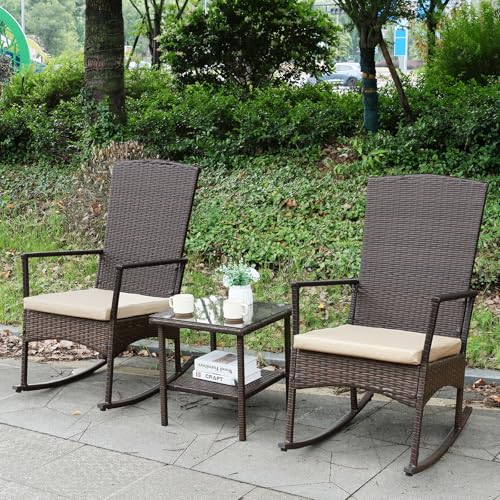 Outdoor Rocking Chair 3 Pieces High-Backed Rocking Chair Patio Rocking Chairs Outdoor Table, Khaki - color: Khaki