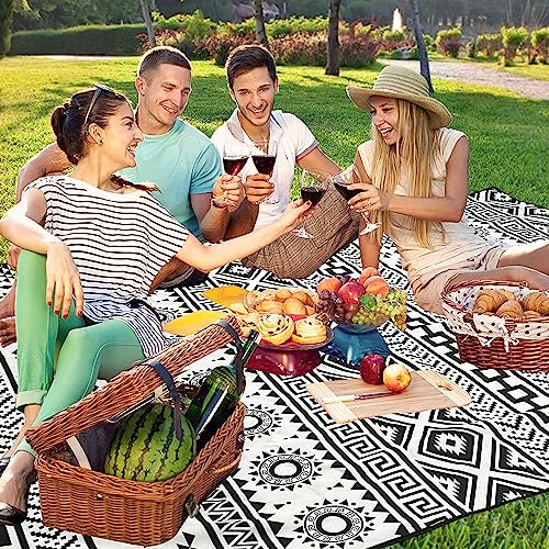 Supfitness Extra Large Picnic Blankets Waterproof Foldable (80 "x 80") Beach Blanket Waterproof Sandproof,3-Layer Thicking Mat Outdoor Packable Camping Blanket(Bohemian) - color: Black and White, size: 6'8" x 6'8" (Square)