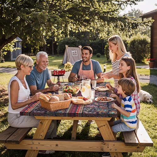 Fitted Waterproof Picnic Table Cover with Bench Covers Heavy Duty Elastic Outdoor Camping Tablecloth for 6 Foot Rectangle Tables Summer Rv Accessories Patio Garden Road Trip Essentials Gifts - color: Burgundy Flowers, size: 72" x 30" (Rectangular)