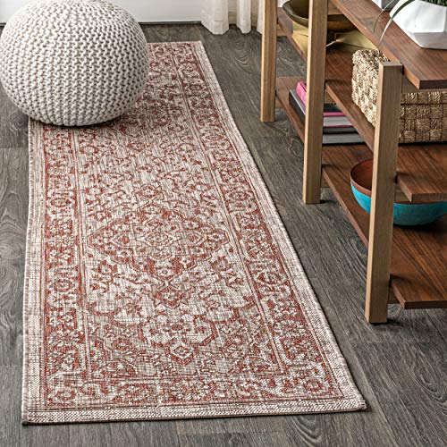 JONATHAN Y Boho Medallion Indoor Outdoor Runner Rug 2X8 Red/Taupe, Rozetta Textured Weave for Backyard, Patio, Porch, Easy-Cleaning, High Traffic, Pet-Friendly, Non-Shedding (SMB102A-28) - color: Red/Taupe, size: 2'2" x 8' (Runner)