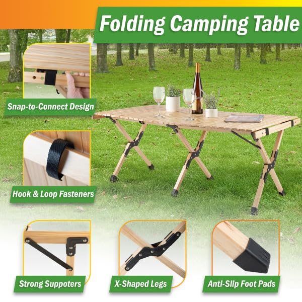 Foldable Camping Table - 4ft Roll-Up Portable Picnic Table with Carry Bag - Indoor/Outdoor Low Height Travel, Party, or Beach Table by Wakeman Outdoors (Natural Wood) - size: Large