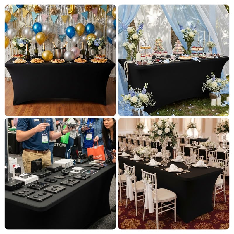 1 Pack 8FT Rectangular Spandex Tablecloth,Wrinkle Resistant Fitted Cover for 96x30 inch Banquet Table Cloth, Washable Stretch Fabric for Party, Events, Wedding, Vendor - Black - color: 8ft-black