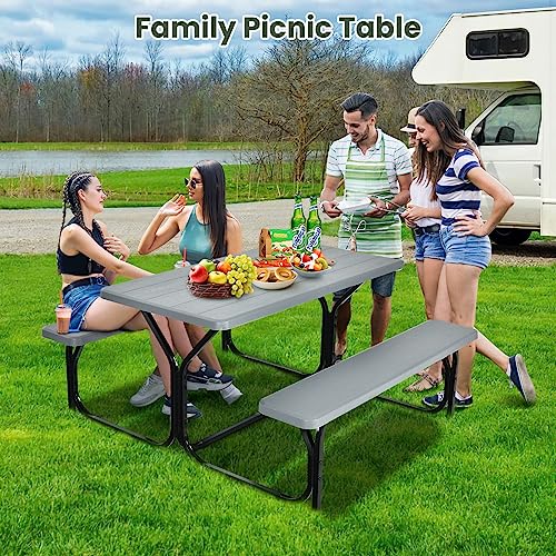 MEDIMALL Portable Picnic Table With Benches, Plastic Bench Set With Metal Frame & All Weather Tabletop, Large Camping Table for Outdoors, Backyard, Garden (Gray) - color: Grey