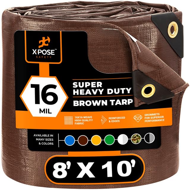8' x 10' Super Heavy Duty 16 Mil Brown Poly Tarp Cover - Thick Waterproof, UV Resistant, Rip and Tear Proof Tarpaulin with Grommets and Reinforced Edges - by Xpose Safety - color: Brown, size: 8' x 10'