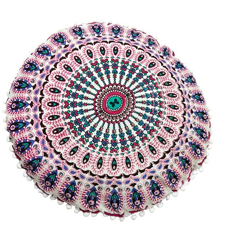 22 Inch Floor Pillows “Cover Only” Cushion Covers Seating Seat Throw Round Meditation Pillowcase Hippie Decor Ottoman Boho Mandala Yoga Pouf Cases (22” Pillow Cover, Without Filler)