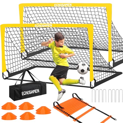 Kids Soccer Goals for Backyard, 2 of 6 x 4 ft Kids Soccer Goal Set Soccer Net with 10 Soccer Cones, Agility Ladder & Carry Bag, Portable Soccer Training Equipment. - color: Yellow