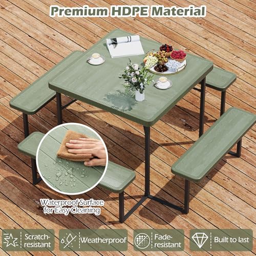 Byroce Outdoor Picnic Table for 4-8 Person, HDPE Picnic Camping Table Set with 4 Benches, Umbrella Hole & Metal Frame, Heavy Duty Square Dining Table Chairs for BBQ in Patio, Yard & Poolside (Green) - color: Green