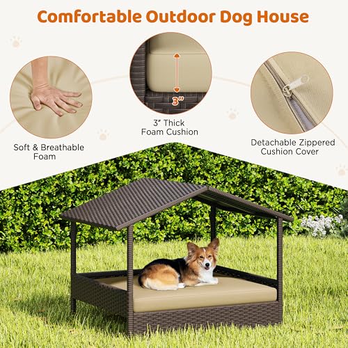 Yaheetech Wicker Dog House Outdoor Indoor with Canopy, Elevated Dog Shelter Dog Bed with Cushion for Small/Medium Dogs, Shade for Deck, Patio, Yard, Pool Brown House, Khaki Cushion