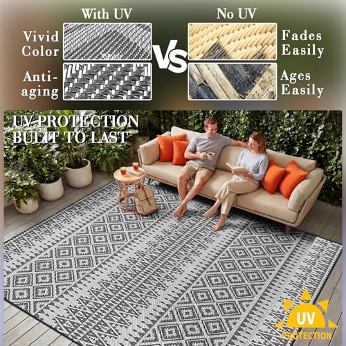 UPGRADE Waterproof Outdoor Rug 8x10 ft, Reversible Plastic Patio Rug, UV Resistant Straw Camping Mat with Carry Bag for RV Beach Deck Backyard, Black & White - color: Black & White, size: 8' x 10'