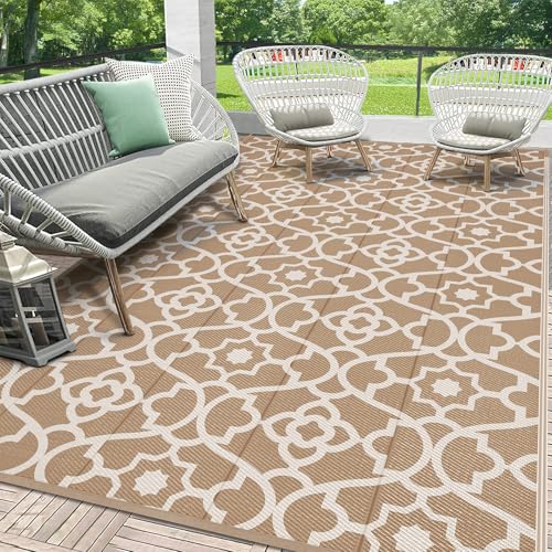 HEBE Outdoor Rug Waterproof 6x9, Plastic Straw Rug Camping Rug, Reversible Outdoor Patio Rugs RV Mat Clearance, Indoor Outside Floor Carpet for Porch,Deck,Camper,Balcony,Backyard - color: Beige, size: 6' x 9' (Rectangular)