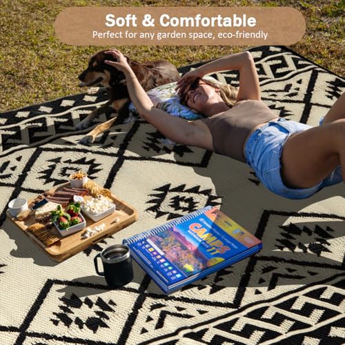 LILIOFFIC Outdoor Rug Waterproof 9x12 ft Outdoor Carpet Patio Rug Mat Reversible RV Camping Rug Plastic Straw Rug Outside Outdoor Area Rug for Patio Deck Balcony Backyard Picnic Beach - color: 01/Black & Beige, size: 9' x 12' (Rectangular)