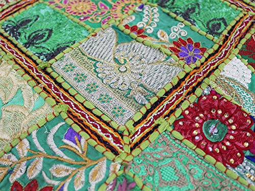Mam Treasures Indian Bohemian Decorative Pillow Vintage Cushion Cover Patchwork Square Floor Pillow Cover Meditation Cushion Large Floor Pillow Indian Cushion (Light Green, 16 X 16 X 5 Inch) - color: Light Green, size: 16" x 16" (Pack of 1)