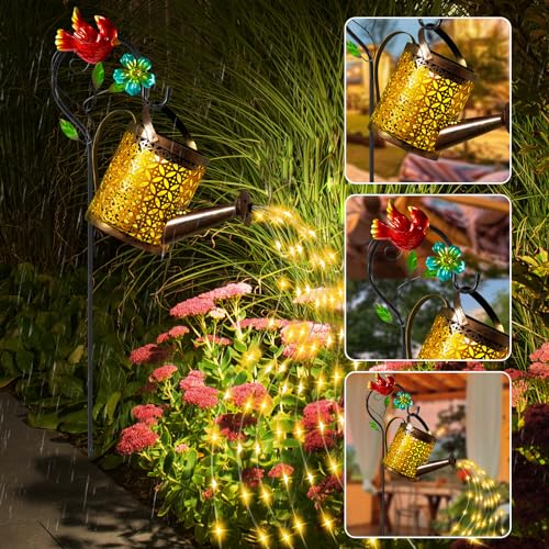 Mothers Day Gifts Solar Lights Outdoor, Watering Can with Cascading Lights, Watering Can with Hook Solar Lantern, Gardening Decor for Yard Patio, Gardening Gifts for Mom Grandma Women (2 Pack) - color: Cardinal Bird, size: 2 Pack