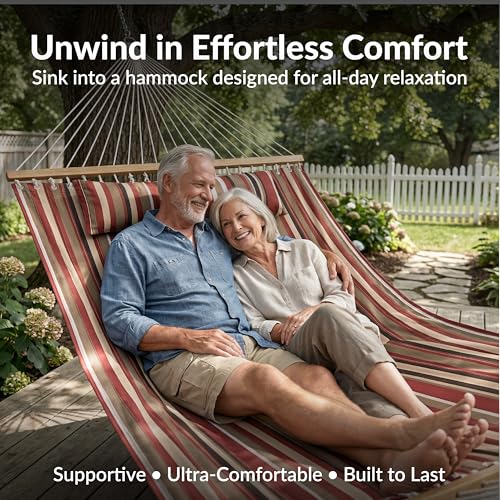 Sunnydaze Quilted Double Hammock for Outside with Spreader Bars and Pillow - 450 lb Capacity, 74x55 Inch Bed, UV Resistant, Quick Dry - Chains Included, Stand Sold Separately - Awning Stripe - color: Awning Stripe