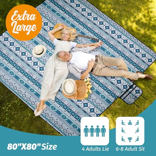 Picnic Blankets Extra Large Outdoor - Beach Blanket Waterproof Sandproof with Shoulder Strap, Machine Washable, Picnic Mat with Stakes for Grass Concert, Park, Lawn,Travel, Spring Summer. Blue - color: Blue