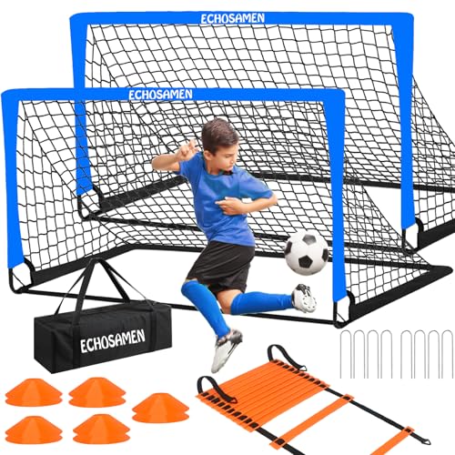 Kids Soccer Goals for Backyard, 2 of 6 x 4 ft Kids Soccer Goal Set Soccer Net with 10 Soccer Cones, Agility Ladder & Carry Bag, Portable Soccer Training Equipment. - color: Blue