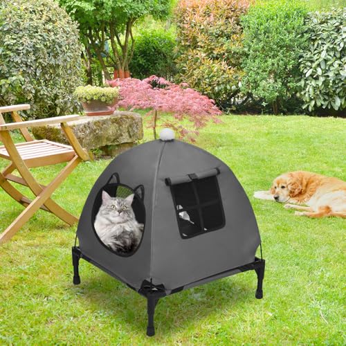 Pozico Elevated Pet Bed with Breathable Mesh for Small Cat and Dog, Raised Cooling Pet Cot for Puppy and Kitty, 18.9x18.9 inch (Dark Gray Bed with Canopy) - color: Dark Gray Bed with Canopy