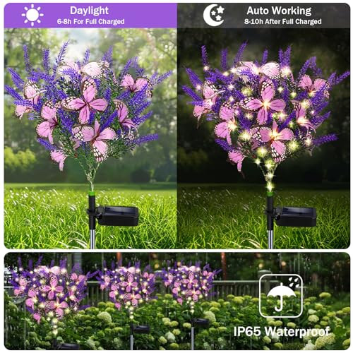 Kohlrabi Solar Garden Lights Outdoor, 6 Pack Solar Butterfly Lights Purple Lavender Gardening Gifts for Women, Artificial Flower with Butterfly Purple Garden Decor for Lawn Patio-Warm White - color: Warm White, size: 6 Pack