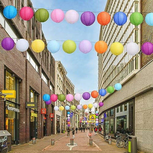 LIHAO 20PCS Colorful Paper Lanterns with Lights, Hanging Chinese Paper Lanterns for Party Decorations Weddings Birthday New Year Outdoor Home Indoor (6 inches) - size: 6 inches