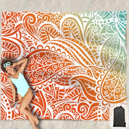 Beach Blanket Waterproof Sandproof Oversized 95”x 80”,Sand Free Beach Mat with Corner Pockets,Portable Mesh Bag for Beach Festival,Picnic,Travel and Outdoor Camping (Ombre Portland Orange) - color: Ombre Portland Orange