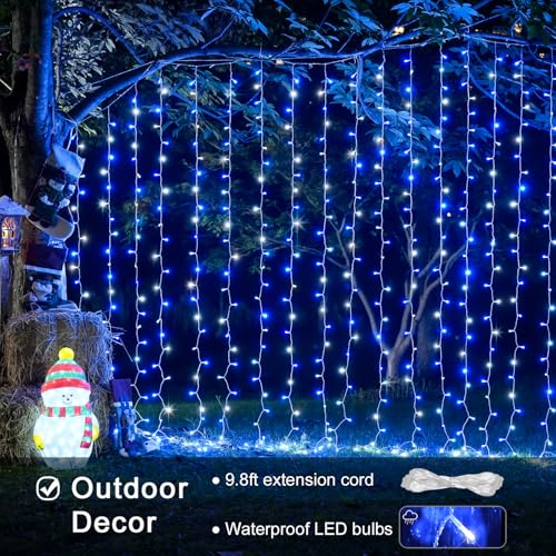 JMEXSUSS 300LED Christmas Curtain Lights Plug in with Remote, Blue and White Christmas Lights Indoor Outdoor, 8 Modes Hanging Fairy String Lights for Bedroom Window Wall Yard Patio Decor, 9.8x9.8ft - color: Blue and White, size: 300 LED