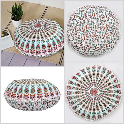 Indian Consigners Floor Cushion Covers 22" Round Mandala Ombre Zipped Ottoman Cover - color: Pink-mustard-green