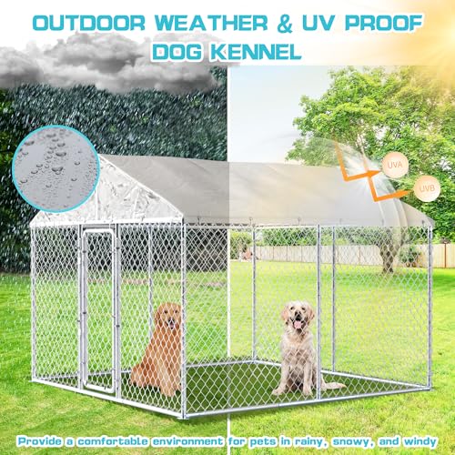 10ft×10ft Outdoor Large Dogs Kennels Enclosure - Outside Dog Cage with Waterproof roof Cover, Galvanized Steel Dogs House Fence Playpen with Lockable Door for Patio Backyard Farm Gardens - size: 118"D×118"W×83"H