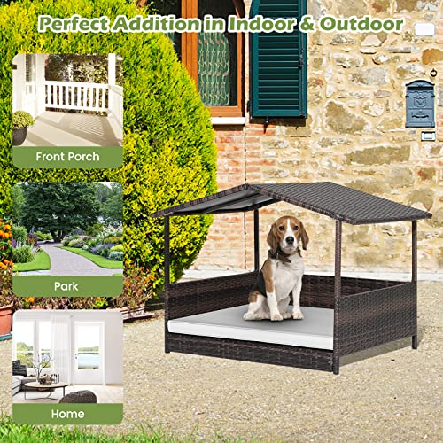 Tangkula Wicker Dog House, Indoor Outdoor Raised Rattan Dog Bed w/Removable Cushion, Washable Cover, Weatherproof Roof, Rattan Puppy Shelter w/Elevated Floor for Small Medium Dogs (White) - style: White