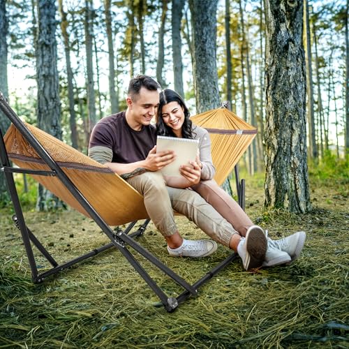 Tranquillo Universal Double Hammock with Stand Included for 2 Persons 600 lbs Capacity Portable Foldable with Case - Indoor, Outdoor, Camping, Yellow - color: 1. Yellow