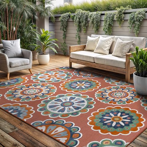 Outdoor Rug 6x9 Washable Area Rugs Indoor Outdoor Carpets Orange Bohemian Medallion Non Shedding Waterproof Easy Clean Patio Deck Porch Living Room Bedroom Garden RV (6 X 9 Orange) - color: 2-orange, size: 6' x 9' (Rectangular)