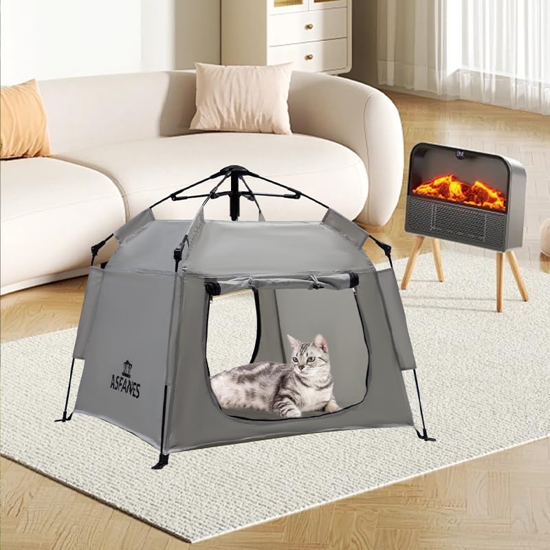 ASFANES Outdoor Pet Automatic Camping Tent, Pop up Cave Bed for Indoor Cats and Small Dogs, Portable Cat House Dog House, Grey. (No Ventilation mesh, Door Must be Left Open for use) - style: Grey