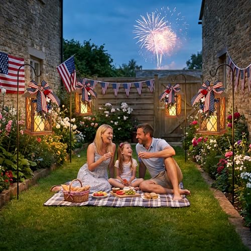 4th of July Solar Lanterns Outdoor Waterproof, Patriotic Hanging Lantern with Flickering LED Candle, 13" Independence Day Lanterns Decorations for Patio Porch Garden Yard Pathway, 1 Pack - size: Patriotic 1 Pack