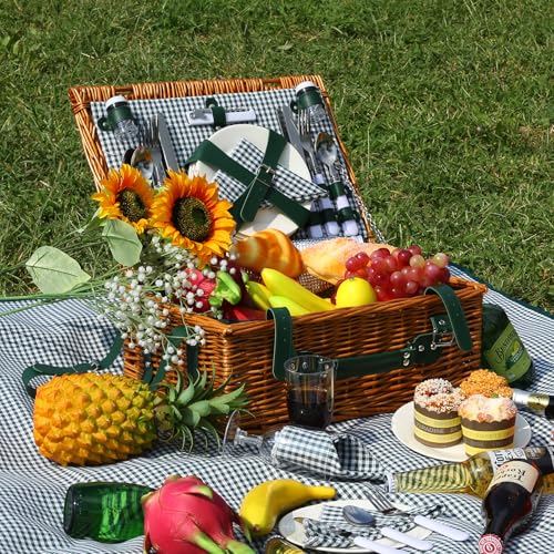 Picnic Basket Set for 4 with Waterproof Blanket Mat Insulation Bag Wicker Green Plaid Classic Cottagecore Gift for Christmas Thanksgiving Wedding Birthday Camp Outdoor Beach Travel - color: Green Plaid 2
