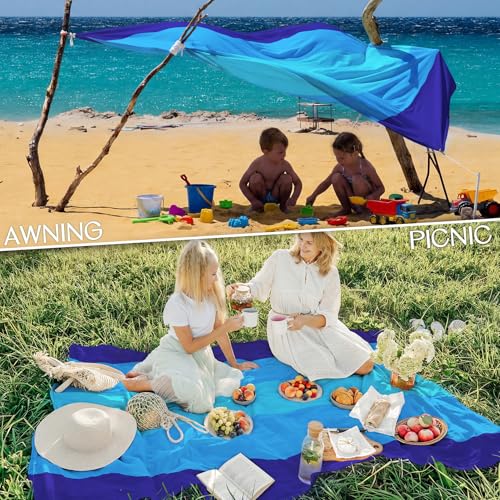 BYDOLL Beach Blanket 78''×81'' 4-7 Adults Oversized Lightweight Waterproof Sandproof Beach Blanket Large Picnic Mat for Travel Camping Hiking Picnic(78" X 81", Blue-Mixed) - color: Blue5, size: 78"X81"