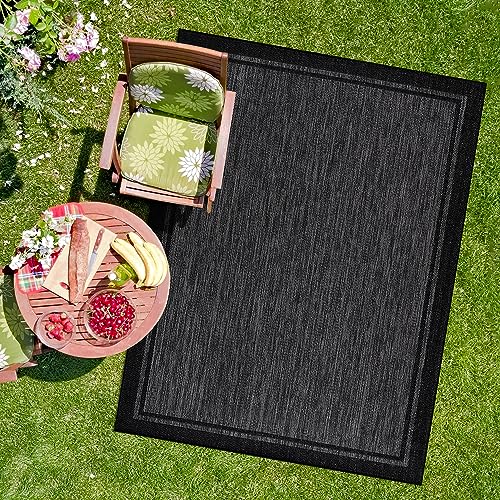 CAMILSON Indoor Outdoor Rug, 10x14 Bordered Dark Grey Black Modern Large Area Rugs for Indoor and Outdoor Patios, Kitchen and Hallway Mats, Washable Porch Deck Outside Carpet (Bordered Black, 10 x 14) - color: Bordered Black, size: 10' x 14' (Rectangular)