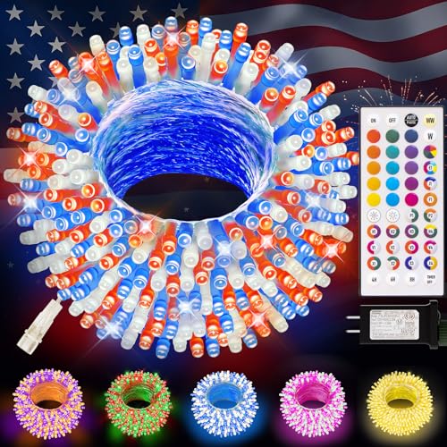 LitHome 33Ft 100 LED Color Changing Christmas String Lights, 35 Colors 9 Modes Red White and Blue Lights Outdoor with Remote, Dimmable 4th of July Light Plug in for Independence Day Xmas Tree Decor - color: Clear Wire, size: 100LED / 33FT