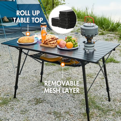 Portal Camping Table Portable Foldable with Adjustable Legs, Aluminum Folding Table Roll Up Table with Carrying Bag for Outdoor, Beach, Picnic, Backyards, BBQ and Party, Black, Big - color: Black, size: Extra Large-47.2"L x 27.6"W