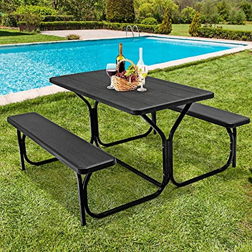 Hysache Picnic Table Bench Set, Patio All Weather Metal Base Camping Set w/Wood Texture Tabletop, Steel Frame, Large Tables for Backyard Poolside Garden Lawn (Black) (OP3499) - color: Black