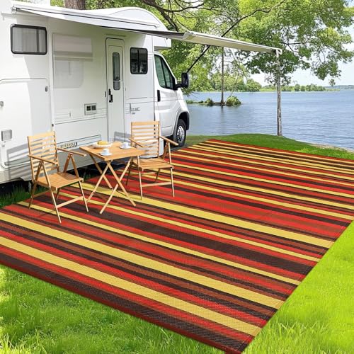 GarveeHome 8x10 Outdoor Rug Geometric Striped Plastic Straw Outdoor Rugs Modern Colorful Lines Reversible Patio Carpets Portable Outside Accent Carpet for Trailer RV Beach Picnic, Red Orange Yellow - color: Geometric Stripes| Red Orange Yellow, size: 8' x