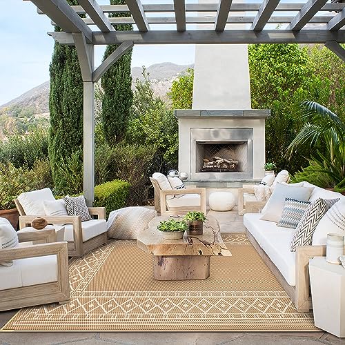 GENIMO Outdoor Rug 5'x8' Waterproof for Patio Decor, Reversible Outdoor Plastic Straw Rug Carpet, Camping Mats for Outdoor, RV, Backyard, Deck, Balcony, Picnic, Brown & Beige - color: Brown & Beige | Natural, size: 5' x 8' (Rectangular)